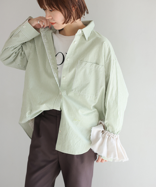 JOURNAL STANDARD relume(ジャーナルスタンダード レリューム)の「ONE DAYロゴストライプシャツ(シャツ/ブラウス・レディース・ピンク/グリーン/サックスブルー/ベージュ・FREE)」の2枚目の写真