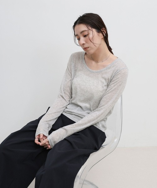 select MOCA(セレクトモカ)の「ラウンドネックシアートップス(Tシャツ/カットソー・レディース・ブラック/アイボリー/グレー/ピンク・FREE)」の3枚目の写真