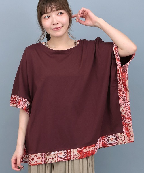 チチカカ(チチカカ)の「柄切替スクエアポンチョ(Tシャツ/カットソー・レディース・ブラック/グリーン/ブラウン/マスタード・FREE)」の2枚目の写真