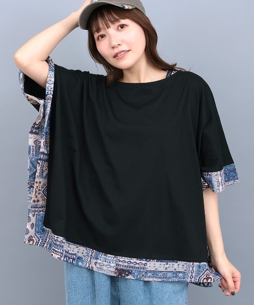 チチカカ(チチカカ)の「柄切替スクエアポンチョ(Tシャツ/カットソー・レディース・ブラック/グリーン/ブラウン/マスタード・FREE)」の1枚目の写真