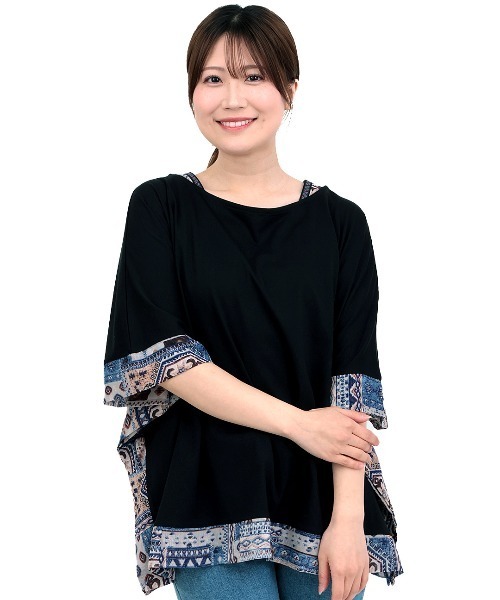 チチカカ(チチカカ)の「柄切替スクエアポンチョ(Tシャツ/カットソー・レディース・ブラック/グリーン/ブラウン/マスタード・FREE)」の12枚目の写真