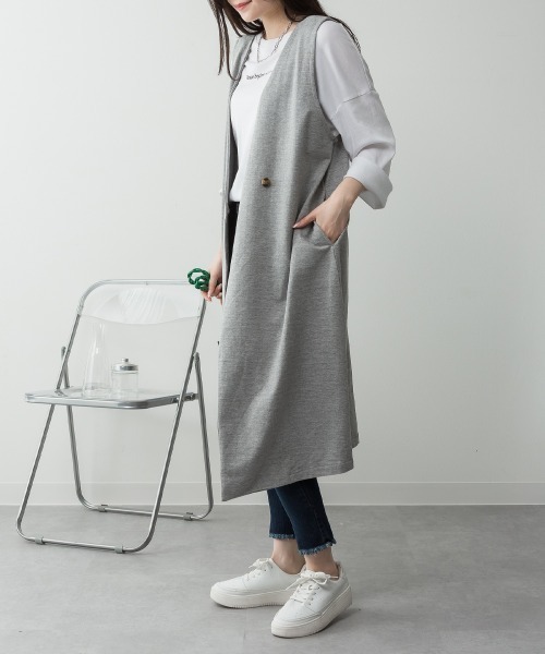 aity（アイティ）の「M-5L ミニ裏毛 ノーカラーロングジレ（ベスト・レディース・ブラック/ライトベージュ/チャコールグレー/杢グレー・M～Ｌ/LL～3L/4L～5L）」の6枚目の写真