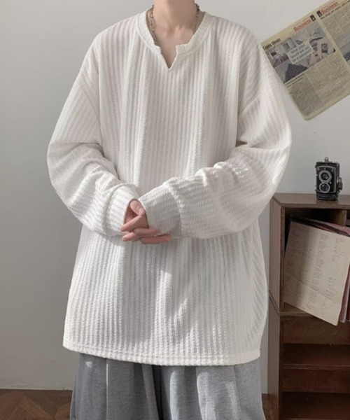 WESTBOY（ウエストボーイ）の「ワッフルリブ オーバーサイズトップス カットソー WO26S2TP08（Tシャツ/カットソー・メンズ・ホワイト/グレー/ブラック・L/XL/M）」の2枚目の写真