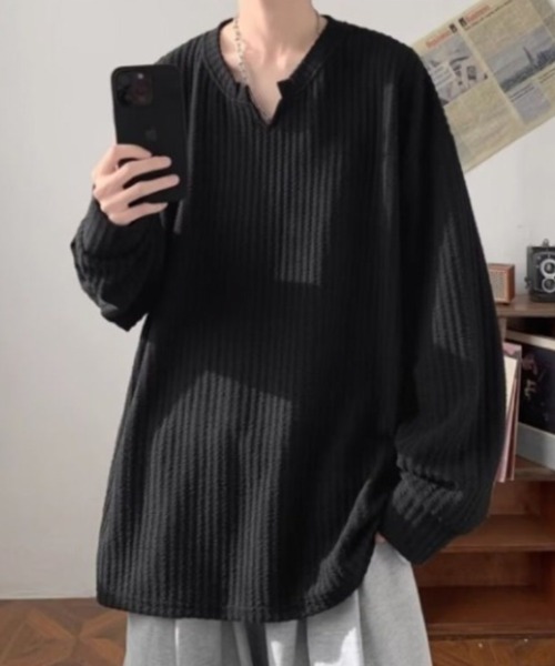 WESTBOY（ウエストボーイ）の「ワッフルリブ オーバーサイズトップス カットソー WO26S2TP08（Tシャツ/カットソー・メンズ・ホワイト/グレー/ブラック・L/XL/M）」の5枚目の写真