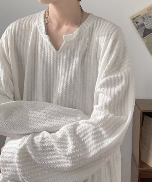 WESTBOY（ウエストボーイ）の「ワッフルリブ オーバーサイズトップス カットソー WO26S2TP08（Tシャツ/カットソー・メンズ・ホワイト/グレー/ブラック・L/XL/M）」の8枚目の写真