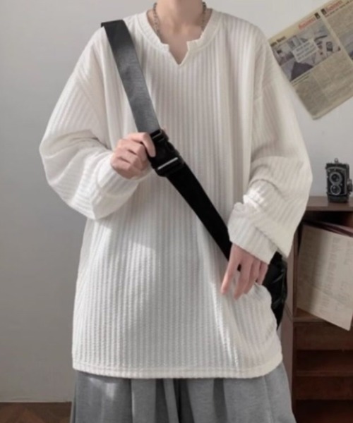 WESTBOY（ウエストボーイ）の「ワッフルリブ オーバーサイズトップス カットソー WO26S2TP08（Tシャツ/カットソー・メンズ・ホワイト/グレー/ブラック・L/XL/M）」の9枚目の写真