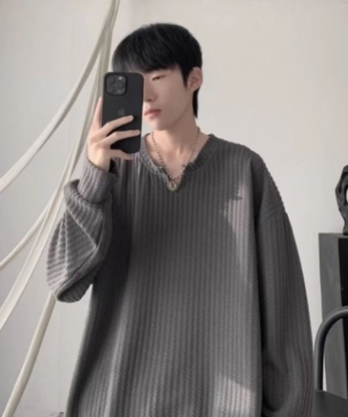 WESTBOY（ウエストボーイ）の「ワッフルリブ オーバーサイズトップス カットソー WO26S2TP08（Tシャツ/カットソー・メンズ・ホワイト/グレー/ブラック・L/XL/M）」の14枚目の写真