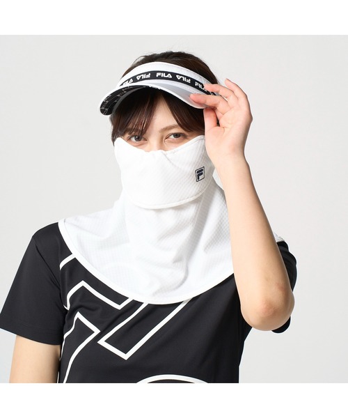 FILA GOLF(フィラゴルフ )の「FILA GOLF フィラゴルフ ゴルフウェア UVカット 接触冷感 吸汗速乾 ロング丈 フェイスカバー フェイスマスク(マスク・レディース・ホワイト/ネイビー/ライトブルー・FREE)」の2枚目の写真