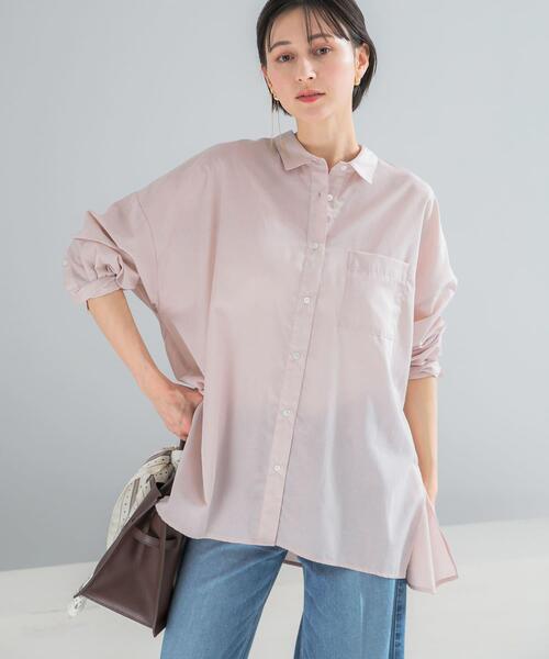URBAN RESEARCH ROSSO WOMEN（アーバンリサーチ　ロッソ）の「『WEB/一部店舗限定』『UR TECH Smart Linen Touch』イージーリネンオーバーシャツ（シャツ/ブラウス・レディース・ブラウン系その他/ライトピンク/ネイビー・FREE）」の6枚目の写真