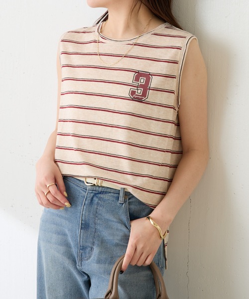 COLLAGE GALLARDAGALANTE(コラージュガリャルダガランテ)の「シアーボーダーナンバーロゴノースリーブ(Tシャツ/カットソー・レディース・ホワイト/ベージュ・FREE)」の1枚目の写真