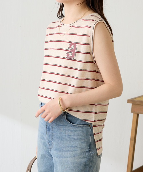 COLLAGE GALLARDAGALANTE(コラージュガリャルダガランテ)の「シアーボーダーナンバーロゴノースリーブ(Tシャツ/カットソー・レディース・ホワイト/ベージュ・FREE)」の4枚目の写真