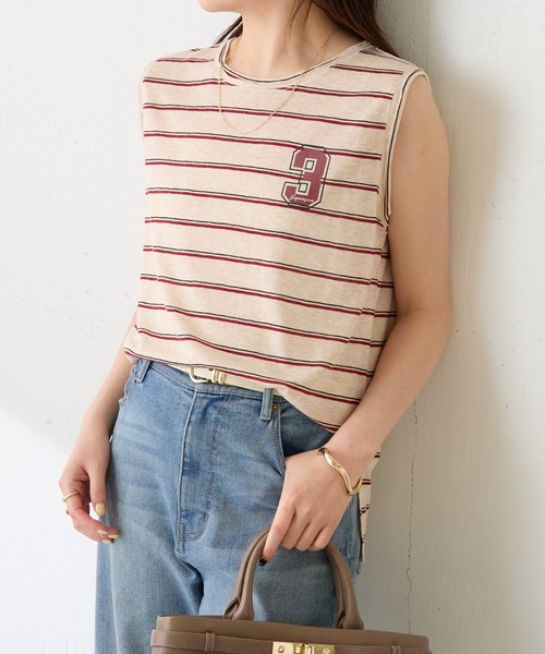 COLLAGE GALLARDAGALANTE(コラージュガリャルダガランテ)の「シアーボーダーナンバーロゴノースリーブ(Tシャツ/カットソー・レディース・ホワイト/ベージュ・FREE)」の3枚目の写真