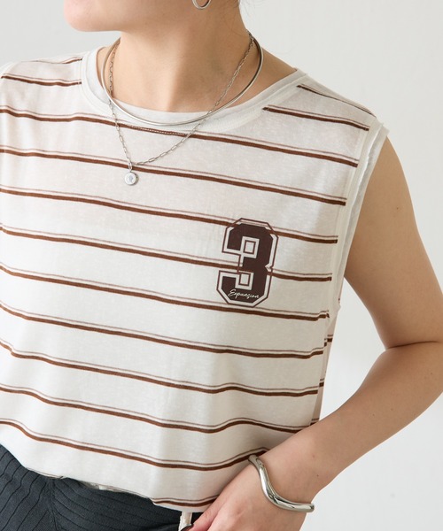 COLLAGE GALLARDAGALANTE(コラージュガリャルダガランテ)の「シアーボーダーナンバーロゴノースリーブ(Tシャツ/カットソー・レディース・ホワイト/ベージュ・FREE)」の18枚目の写真
