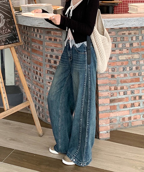 &soiree(アンドソワレ)の「ハイウエストサイドラインワイドデニムパンツ(デニムパンツ・レディース・インディゴブルー・SMALL/MEDIUM/LARGE/X-LARGE)」の1枚目の写真