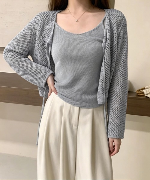 Miniministore(ミニミニストア)の「メッシュカーディガン キャミソールセット(アンサンブル・レディース・ブラック/アイボリー/グレー/ピンク/ベージュ・FREE)」の3枚目の写真