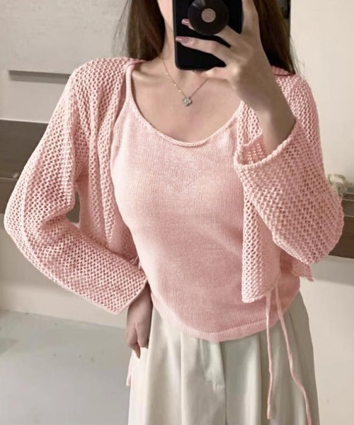 Miniministore(ミニミニストア)の「メッシュカーディガン キャミソールセット(アンサンブル・レディース・ブラック/アイボリー/グレー/ピンク/ベージュ・FREE)」の5枚目の写真