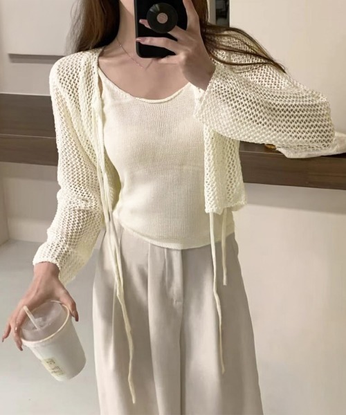 Miniministore(ミニミニストア)の「メッシュカーディガン キャミソールセット(アンサンブル・レディース・ブラック/アイボリー/グレー/ピンク/ベージュ・FREE)」の2枚目の写真