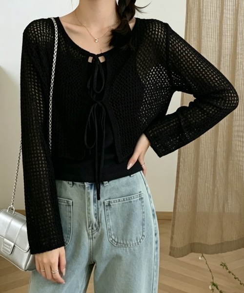 Miniministore(ミニミニストア)の「メッシュカーディガン キャミソールセット(アンサンブル・レディース・ブラック/アイボリー/グレー/ピンク/ベージュ・FREE)」の1枚目の写真
