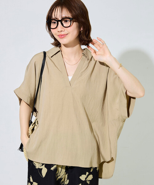 FREAK'S STORE(フリークスストア)の「限定展開 ナイロン ワッシャー フレンチスリーブ ブラウス(シャツ/ブラウス・レディース・ブラック/ブルーグリーン/ベージュ/オレンジ/ネイビー/ブラウン・フリ-)」の4枚目の写真