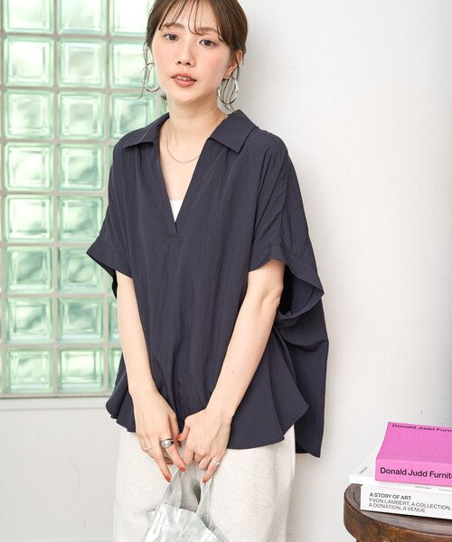 セール】限定展開 ナイロン ワッシャー フレンチスリーブ ブラウス