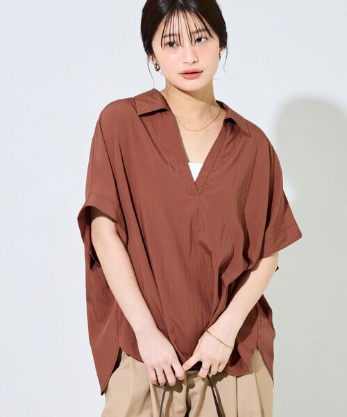FREAK'S STORE(フリークスストア)の「限定展開 ナイロン ワッシャー フレンチスリーブ ブラウス(シャツ/ブラウス・レディース・ブラック/ブルーグリーン/ベージュ/オレンジ/ネイビー/ブラウン・フリ-)」の6枚目の写真
