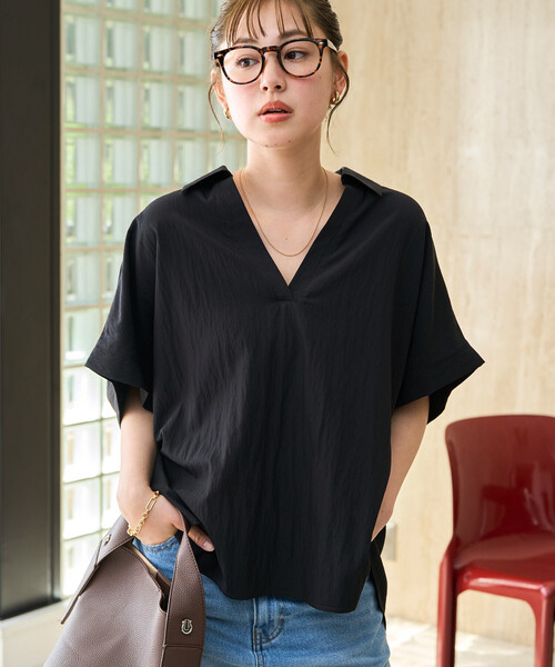FREAK'S STORE(フリークスストア)の「限定展開 ナイロン ワッシャー フレンチスリーブ ブラウス(シャツ/ブラウス・レディース・ブラック/ブルーグリーン/ベージュ/オレンジ/ネイビー/ブラウン・フリ-)」の2枚目の写真
