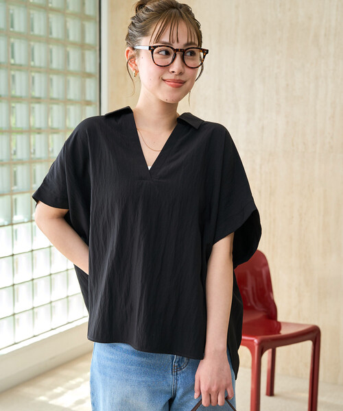 FREAK'S STORE(フリークスストア)の「限定展開 ナイロン ワッシャー フレンチスリーブ ブラウス(シャツ/ブラウス・レディース・ブラック/ブルーグリーン/ベージュ/オレンジ/ネイビー/ブラウン・フリ-)」の7枚目の写真