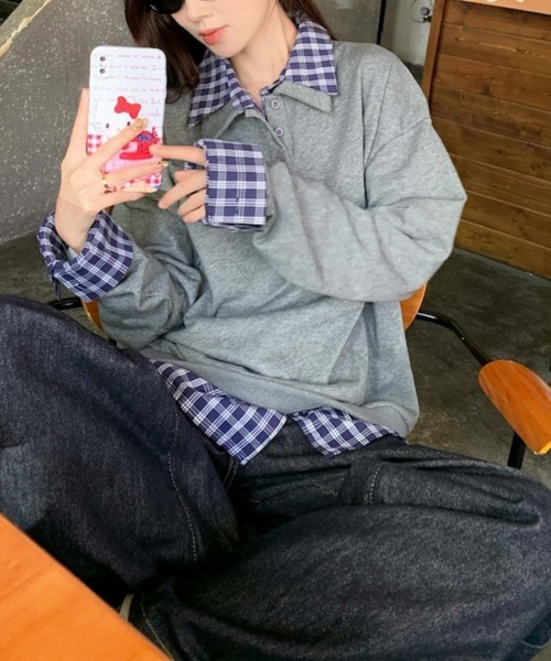 MAISON DE THERESE(メゾン ド テレーズ)の「レイヤード風 チェック切り替え ゆったり カジュアル ポロ衿スウェット(スウェット・レディース・グレー/ネイビー・M)」の16枚目の写真