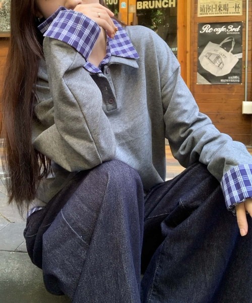 MAISON DE THERESE(メゾン ド テレーズ)の「レイヤード風 チェック切り替え ゆったり カジュアル ポロ衿スウェット(スウェット・レディース・グレー/ネイビー・M)」の19枚目の写真