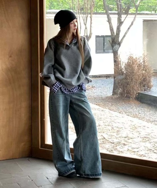 MAISON DE THERESE(メゾン ド テレーズ)の「レイヤード風 チェック切り替え ゆったり カジュアル ポロ衿スウェット(スウェット・レディース・グレー/ネイビー・M)」の10枚目の写真