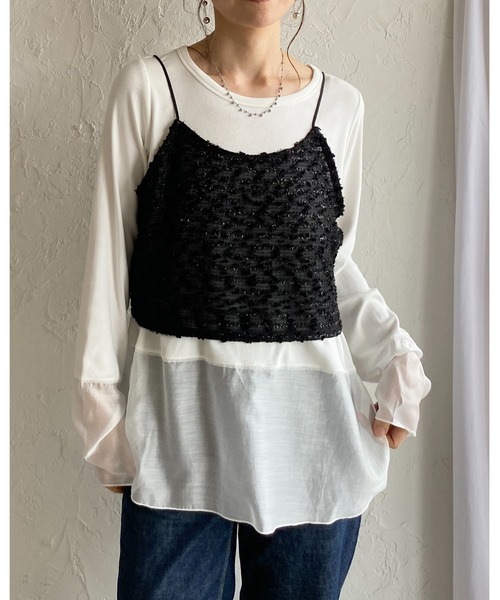 She's Closet(シーズクローゼット)の「ショート丈 ラメ ネップヤーン ジャガード キャミソール ビスチェ(キャミソール・レディース・ブラック/アイボリー・FREE)」の3枚目の写真