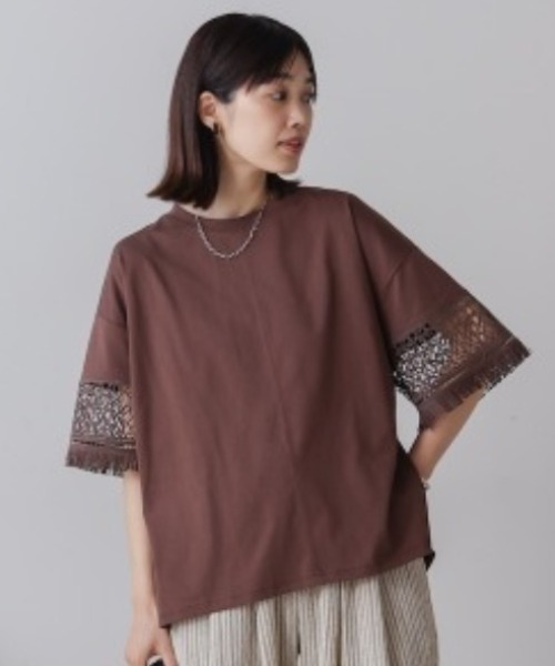 Bou Jeloud（ブージュルード）の「レーススリーブTシャツ（Tシャツ/カットソー・レディース・ブラウン/オフホワイト・FREE）」の3枚目の写真
