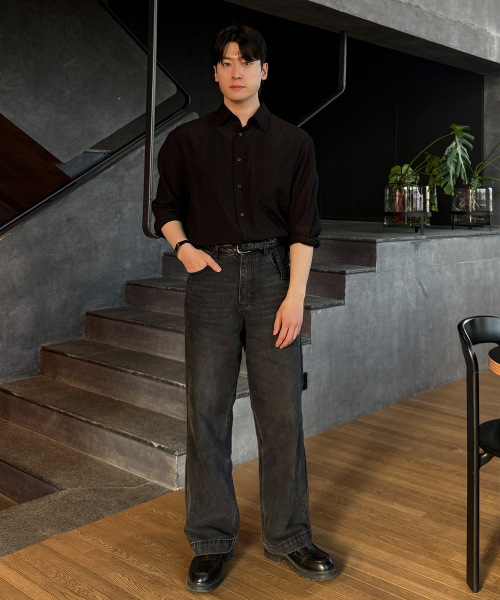 MINDBRIDGE（マインドブリッジ）の「[COUTURE]クリンクルストライプオーバーサイズシャツ - 2カラー（シャツ/ブラウス・メンズ・ブラック/ライトグレー・95/100/105/110）」の9枚目の写真