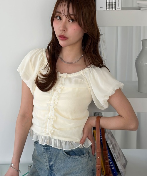 muet.(ミュエ)の「シアー楊柳パフスリーブフリルブラウス(シャツ/ブラウス・レディース・ブラック/アイボリー/ブルー・MEDIUM/LARGE)」の16枚目の写真