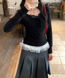 フロントレース×リボン長袖トップス
