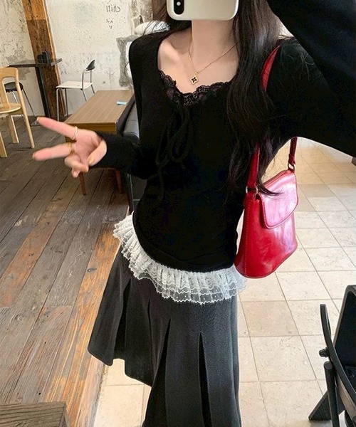 leune(ルネ)の「フロントレース×リボン長袖トップス(Tシャツ/カットソー・レディース・アイボリー/ブラック・FREE)」の3枚目の写真