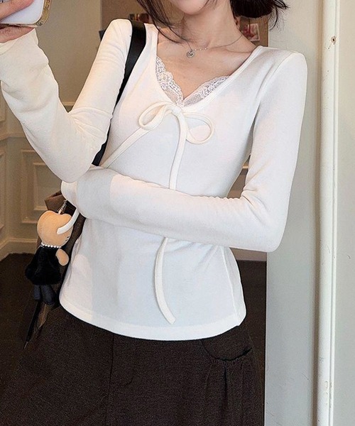 leune(ルネ)の「フロントレース×リボン長袖トップス(Tシャツ/カットソー・レディース・アイボリー/ブラック・FREE)」の7枚目の写真