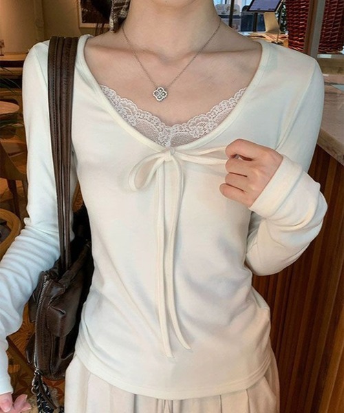 leune(ルネ)の「フロントレース×リボン長袖トップス(Tシャツ/カットソー・レディース・アイボリー/ブラック・FREE)」の13枚目の写真