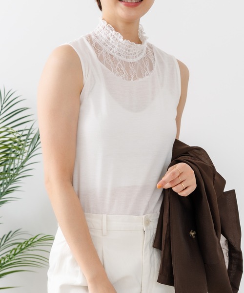 fort point(フォーポイント)の「【C-FORTPOINT/フォートポイント】【1枚で華やか レースインナー】ハイネックレース切替タンクトップ インナー チラ見せ 重ね着 立ち襟 華やか 上品 きれいめ(タンクトップ・レディース・ライトグレー/ブラック/ピンク/グリーン/アイボリー・FREE)」の2枚目の写真