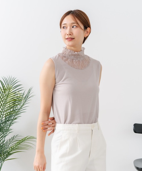 fort point(フォーポイント)の「【C-FORTPOINT/フォートポイント】【1枚で華やか レースインナー】ハイネックレース切替タンクトップ インナー チラ見せ 重ね着 立ち襟 華やか 上品 きれいめ(タンクトップ・レディース・ライトグレー/ブラック/ピンク/グリーン/アイボリー・FREE)」の19枚目の写真
