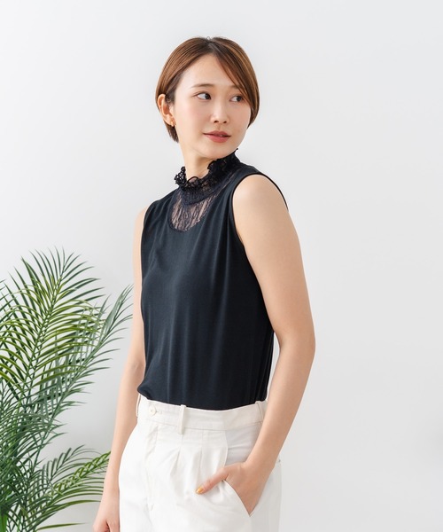fort point(フォーポイント)の「【C-FORTPOINT/フォートポイント】【1枚で華やか レースインナー】ハイネックレース切替タンクトップ インナー チラ見せ 重ね着 立ち襟 華やか 上品 きれいめ(タンクトップ・レディース・ライトグレー/ブラック/ピンク/グリーン/アイボリー・FREE)」の7枚目の写真