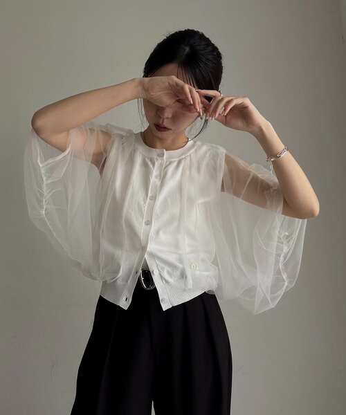 CAPRICIEUX LE'MAGE(カプリシューレマージュ)の「〈C.L〉チュールレイヤードノースリニット(Tシャツ/カットソー・レディース・ブラック/ホワイト・FREE)」の3枚目の写真