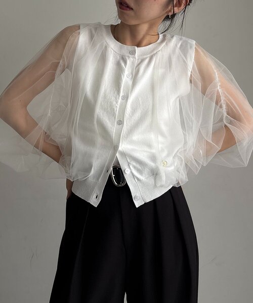 CAPRICIEUX LE'MAGE(カプリシューレマージュ)の「〈C.L〉チュールレイヤードノースリニット(Tシャツ/カットソー・レディース・ブラック/ホワイト・FREE)」の4枚目の写真