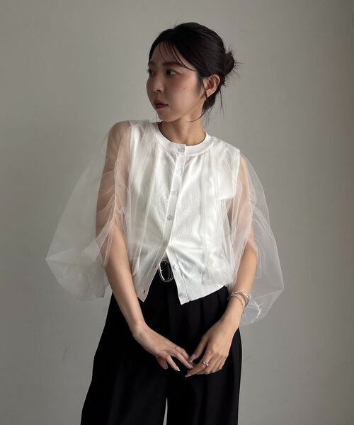 CAPRICIEUX LE'MAGE(カプリシューレマージュ)の「〈C.L〉チュールレイヤードノースリニット(Tシャツ/カットソー・レディース・ブラック/ホワイト・FREE)」の5枚目の写真