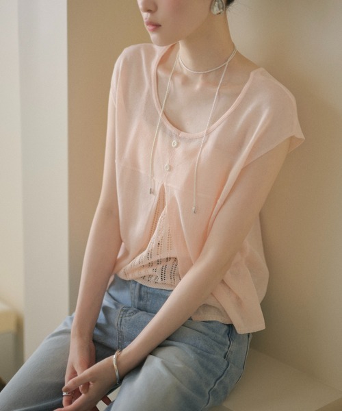 LAULEN（ローレン）の「sheer layered knit pullover /シアーレイヤード風ニットプルオーバー（ニット/セーター・レディース・グレー/チャコールグレー/レッド/アイボリー/ピンク・FREE）」の5枚目の写真