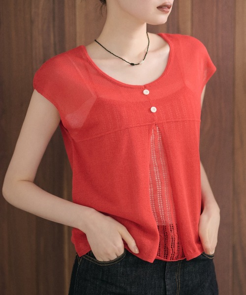 LAULEN（ローレン）の「sheer layered knit pullover /シアーレイヤード風ニットプルオーバー（ニット/セーター・レディース・グレー/チャコールグレー/レッド/アイボリー/ピンク・FREE）」の6枚目の写真