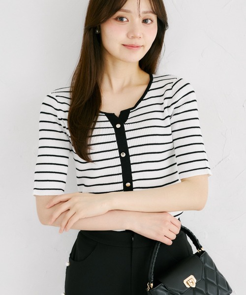 tocco closet(トッコ クローゼット)の「【ZOZO限定】接触冷感ヘンリーネック配色半袖リブニットトップス(Tシャツ/カットソー・レディース・オフホワイト/その他/ネイビー/その他1・M)」の2枚目の写真