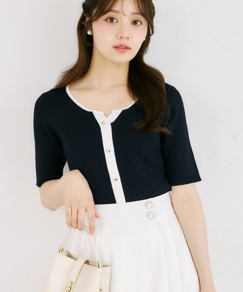 tocco closet(トッコ クローゼット)の「【ZOZO限定】接触冷感ヘンリーネック配色半袖リブニットトップス(Tシャツ/カットソー・レディース・オフホワイト/その他/ネイビー/その他1・M)」の4枚目の写真