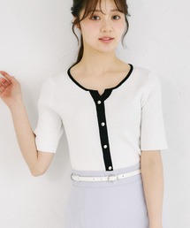 【ZOZO限定】接触冷感ヘンリーネック配色半袖リブニットトップス