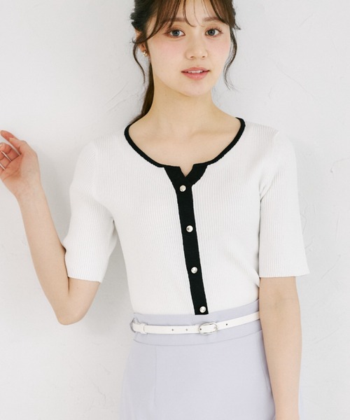 tocco closet(トッコ クローゼット)の「【ZOZO限定】接触冷感ヘンリーネック配色半袖リブニットトップス(Tシャツ/カットソー・レディース・オフホワイト/その他/ネイビー/その他1・M)」の3枚目の写真